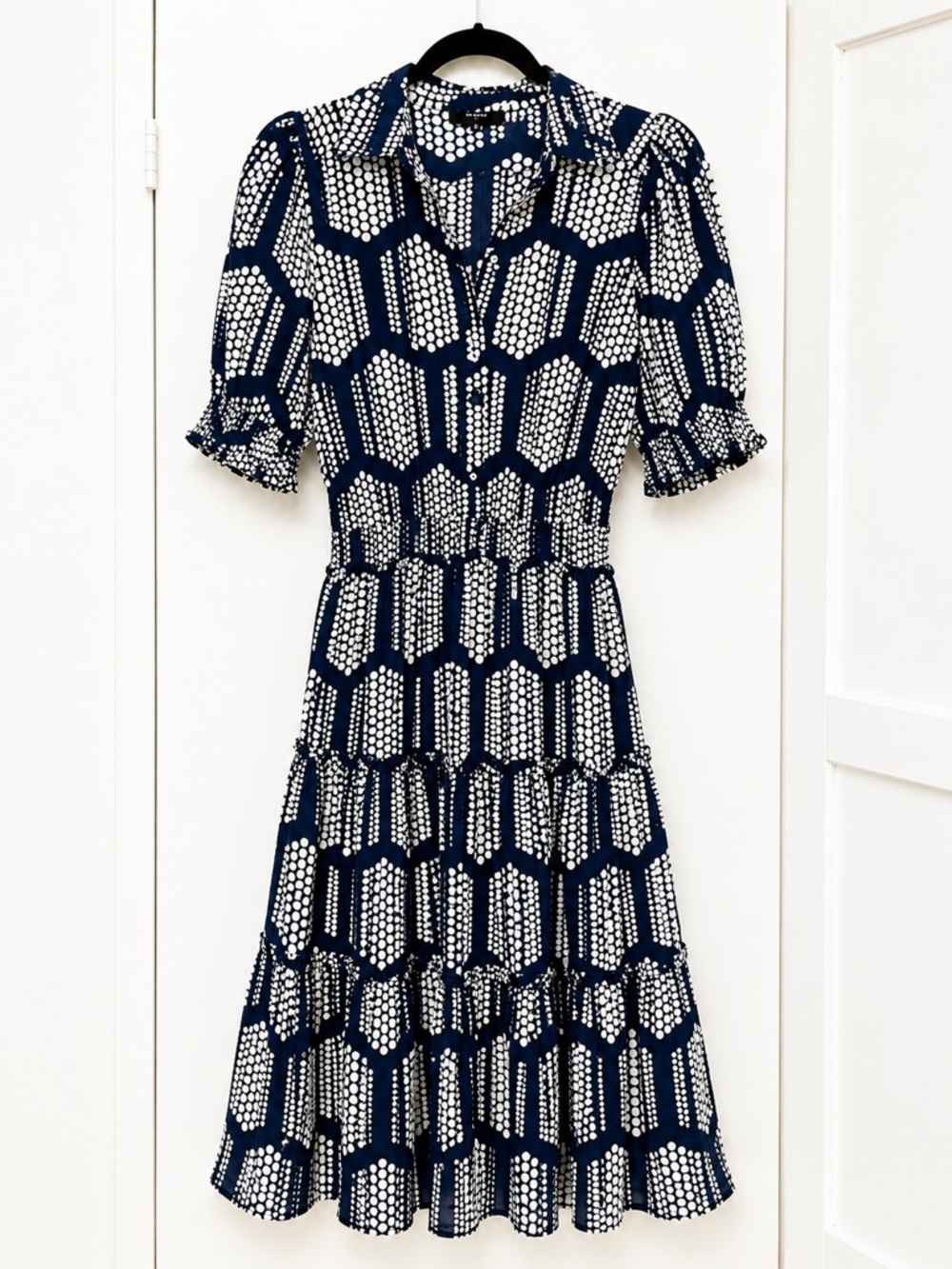 Tahari Navy and White Geometric Midi Dress